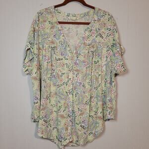 Cooper & Ella floral paisley short sleeve button up top size 3X multicolor boho